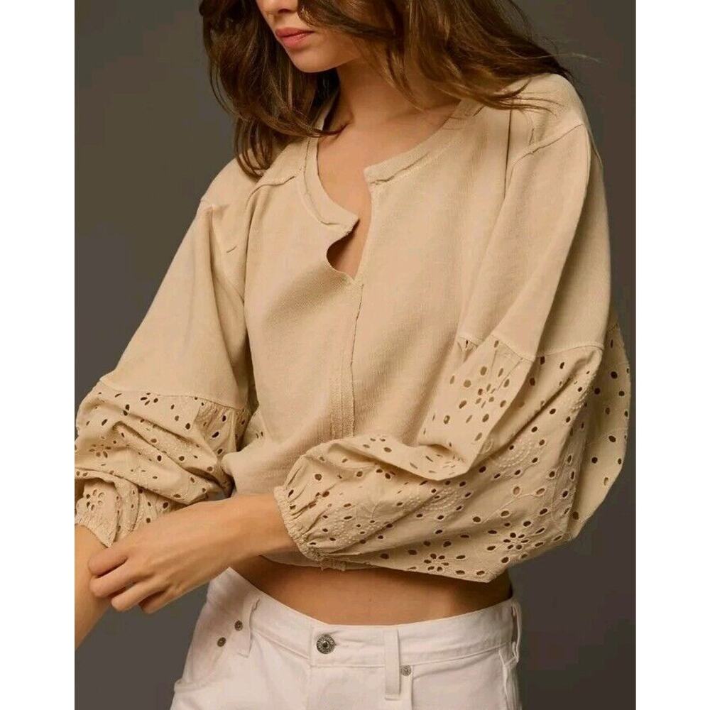 Anthropologie Pilcro‎ Womens xxs Top Batwing Eyelet Sweatshirt Beige Pullover